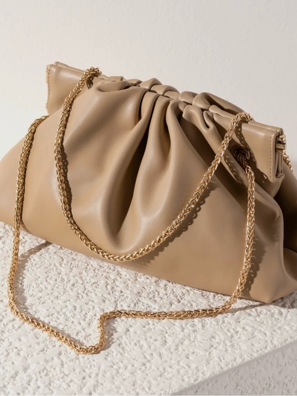 Shiraleah Taupe Ruched Clutch with Gold Chain